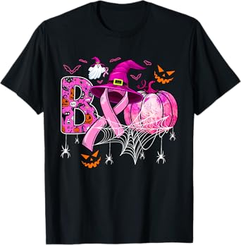 Boo Halloween Pumpkin Pink Ribbon Witch Breast Cancer T-Shirt