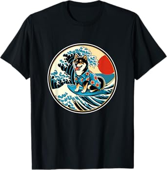 Great Wave Kanagawa Black and tan Shiba Inu Surfing T-Shirt