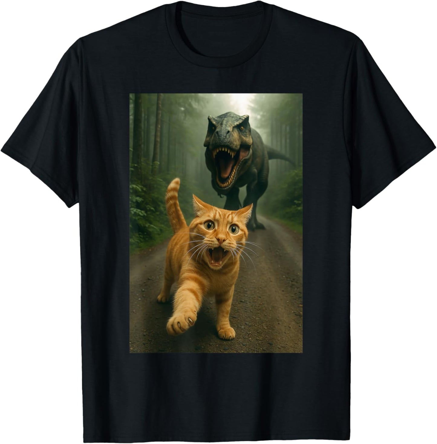Funny Surprised Scared Cat Selfie T-Rex Dinosaur T-Shirt
