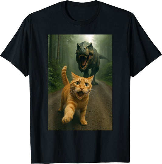 Funny Surprised Scared Cat Selfie T-Rex Dinosaur T-Shirt