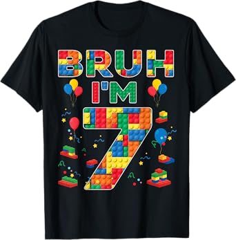 Funny 7th Birthday Boy Block Building Bruh I'm 7 Year Old T-Shirt