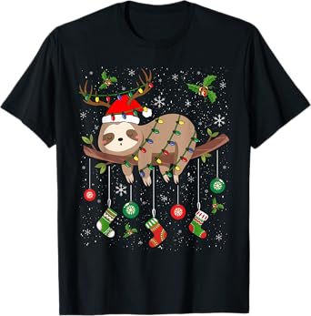 Sloths Xmas Lighting Reindeer Santa Hat Sloth Christmas T-Shirt