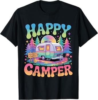 Funny Happy Camper Camping Marshmallow Trailer RV Kids Women T-Shirt