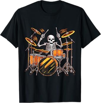 Drummer Skeleton Men Boys Drum Set Drummer Halloween Music T-Shirt