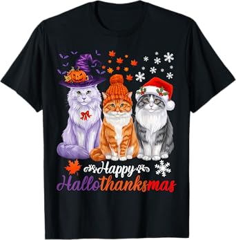 Happy HalloThanksMas Cats Halloween Thanksgiving Christmas T-Shirt