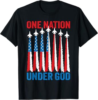 One Nation Under God 4th July Men American Flag Fighter Jet T-Shirt