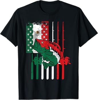 Mexican American Fishing Flag Fish Rod Cinco De Mayo Men Dad T-Shirt