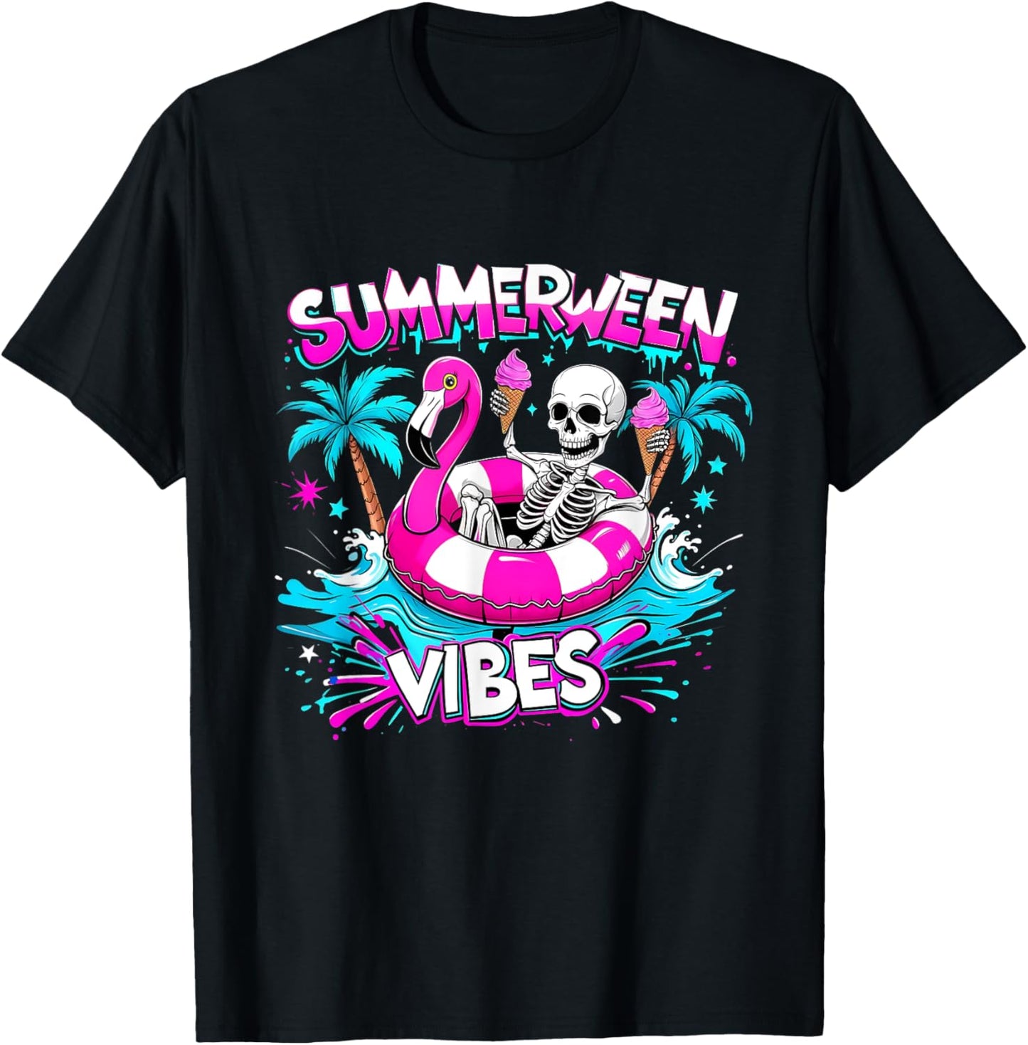 Funny Skeleton Summerween Vibes Flamingo Pool Ice Cream T-Shirt