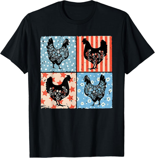 Happy 4th Of July Floral Chicken Flowers Patriotic USA Flag T-Shirt