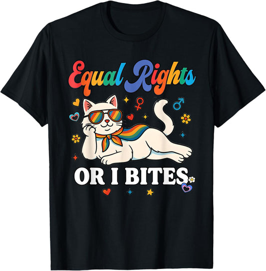 Womens Equal Rights or I Bites Pride Month Ally Cat Feminist T-Shirt