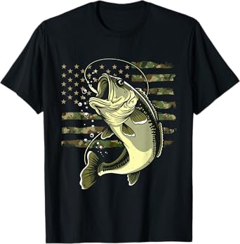 Bass Fish Fishing USA American Flag Camouflage Fisherman T-Shirt