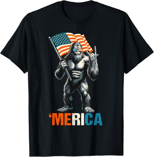 Bigfoot Merica Rock American Flag Patriotic USA 4th Of July T-Shirt