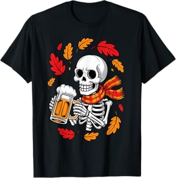 Skeleton Drinking Beer Funny Halloween Autumn Fall Costume T-Shirt
