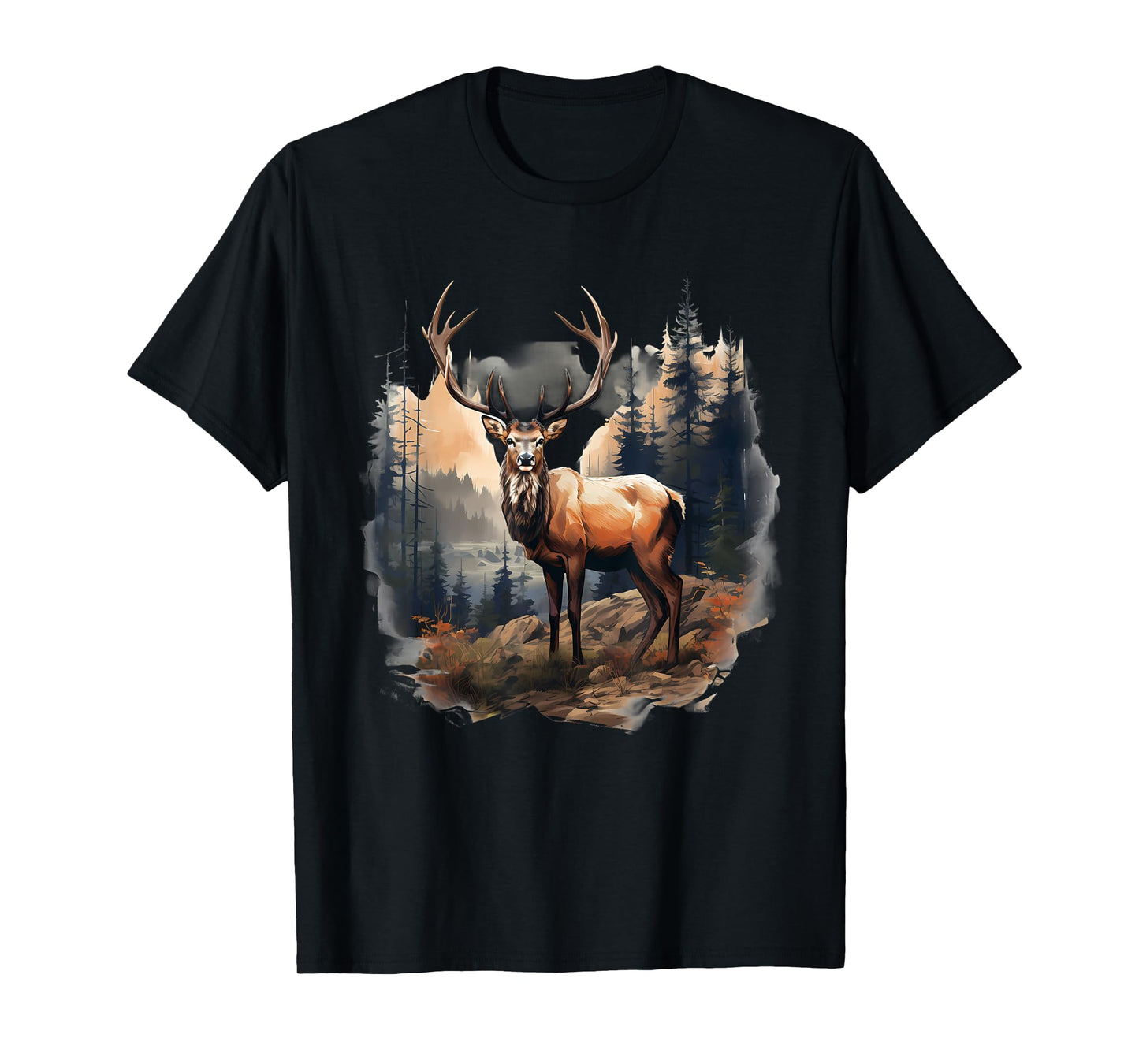 Deer Forest Landscape Wildlife Artwork Nature Animal Lovers T-Shirt