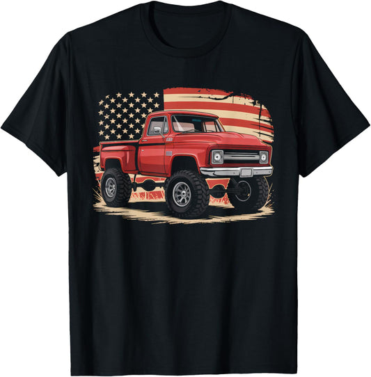 Vintage Squarebody Pickup Truck With Usa Flag Patriotic T-shirt