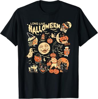 Long Live Halloween Funny Pumpkin Bat Halloween Black Cat T-Shirt