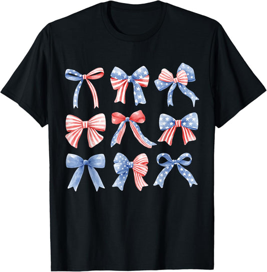 July 4th Of July USA Flag Coquette Bows American Patriotic T-Shirt