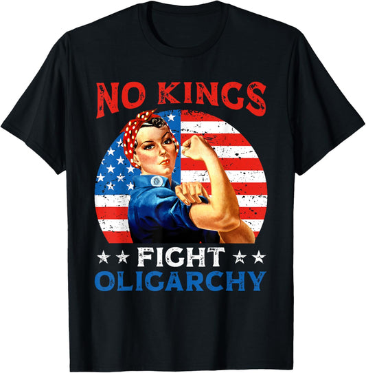 Vintage No Kings Fight Oligarchy Woman's Girl America Flag T-Shirt