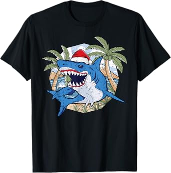 Shark Christmas In July Tropical Beach Summer Vacation T-Shirt for Men Women Kids