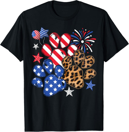 American Flag Patriotic Dog & Cat Paw Print - 4th of July T-Shirt