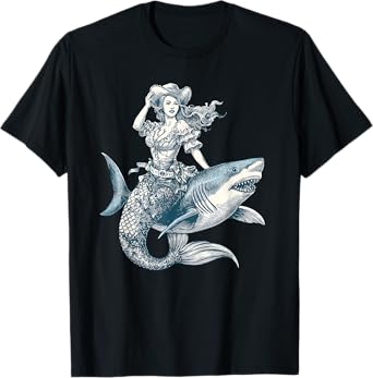 Cowgirl Mermaid Riding Shark Funny Western Rodeo Howdy T-Shirt