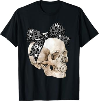 Coquette Bow Spooky Season Skeleton Skull Horror Halloween T-Shirt