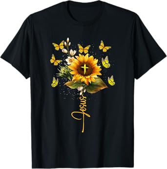 Sunflower Jesus Cross Butterflies Art Religious Christian T-Shirt