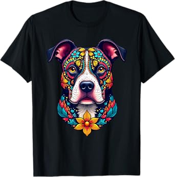 Mexican Sugar Skull Pitbull Dog Dia de Muertos Halloween Day T-Shirt