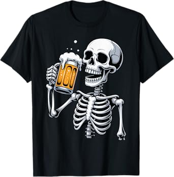 Halloween Creepy Skeleton Drinking Beer Funny Spooky Season T-Shirt