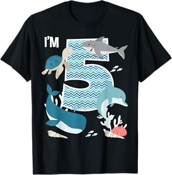 Kids 5 Year Old Ocean Life Whale Dolphin Shark 5th Birthday T-Shirt