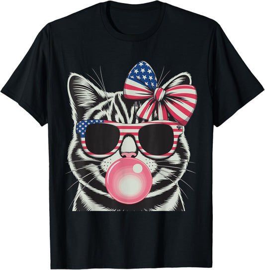 Patriotic Cat 4th Of July Bow American Flag Girls Women T-shirt