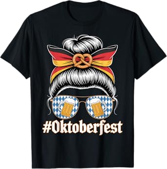 Oktoberfest Messy Bun German Flag Bavarian Festival Women T-Shirt