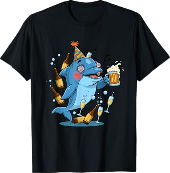 Funny Drunk Dolphin Likes to Drink Beer Ocean Animal Cheers T-Shirt