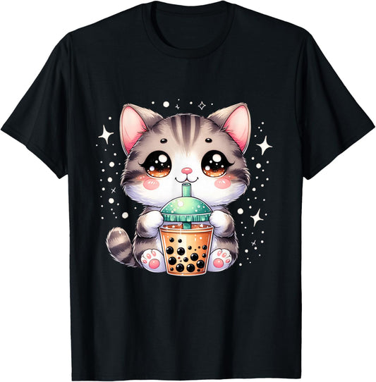 Cute Cat Boba Tea Girl Women Japanese Anime Graphic T-Shirt