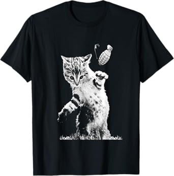 Cat Throwing Grenade Funny Kitty Cat Grenade Scene Cat Lover T-Shirt