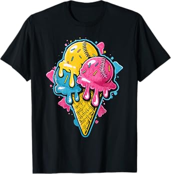Baseball Ice Cream Drip Cone Funny Youth Boys Sports Lovers T-Shirt