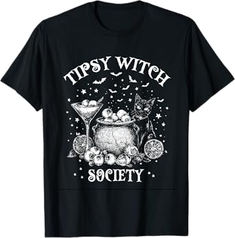 Tipsy Witch Society Funny Halloween Drinking Witch Cat T-Shirt