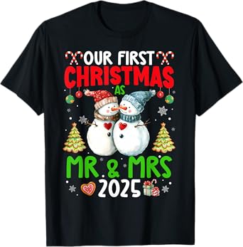 Our First Christmas as Mr & Mrs 2025 Couple Matching Pajamas T-Shirt