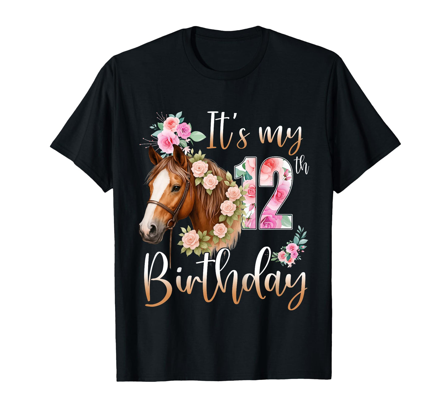 Kids Birthday 12 Years Old Girl Horse Lovers Florals 12th Bday T-Shirt