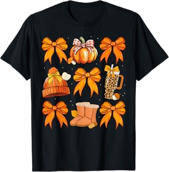 Retro Pumpkin Coquette Bow Fall Autumn Halloween Girl Women T-Shirt