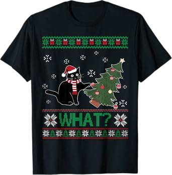Black Cat What Pushing Christmas Tree Funny Cat Xmas Gifts Men Women Kids T-Shirt