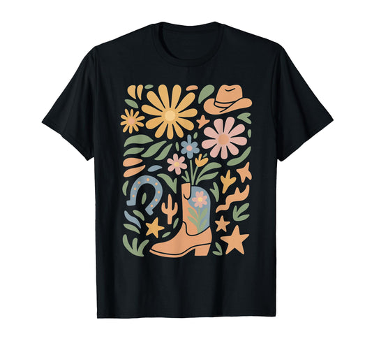 Boho Flowers Cowgirl Pink Boots Cow Skull Western Country T-Shirt