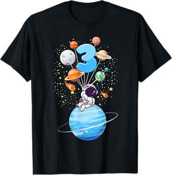 Kids 3 Year Old Astronaut Balloon Planets 3rd Birthday Boy T-Shirt
