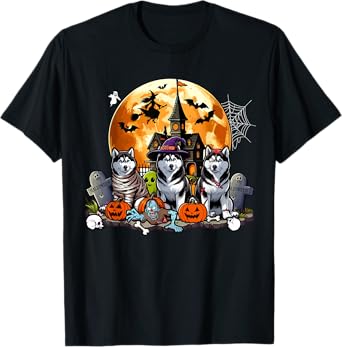 Three Halloween Huskies As Horror Witch Mummy Zombie T-Shirt