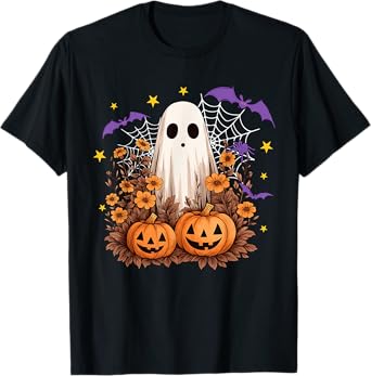 Retro Floral Ghost Cute Pumpkin Autumn Halloween Women Kids T-Shirt