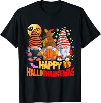 Happy Hallothanksmas Gnomes Lover Halloween Merry Christmas T-Shirt