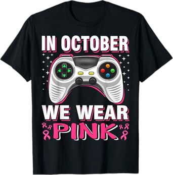 In October We Wear Pink Breast Cancer Gaming Kids Boys Youth T-Shirt