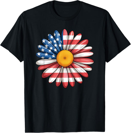 Floral Daisy American Flag Usa 4th Of July Patriotic Women T-shirt