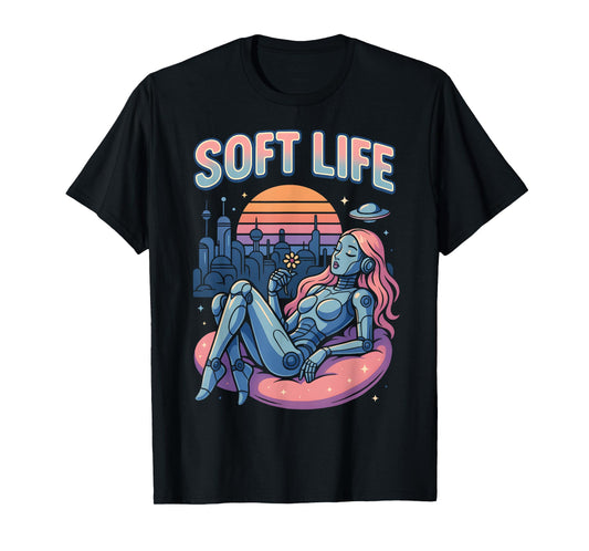 Soft Life Robot Girl Retrofuture City Retro Y2K Aesthetic T-Shirt