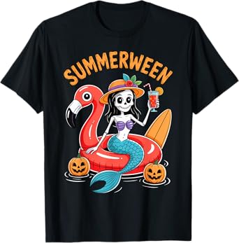 Summerween Mermaid Skeleton Beach Flamingo Halloween Girl T-Shirt